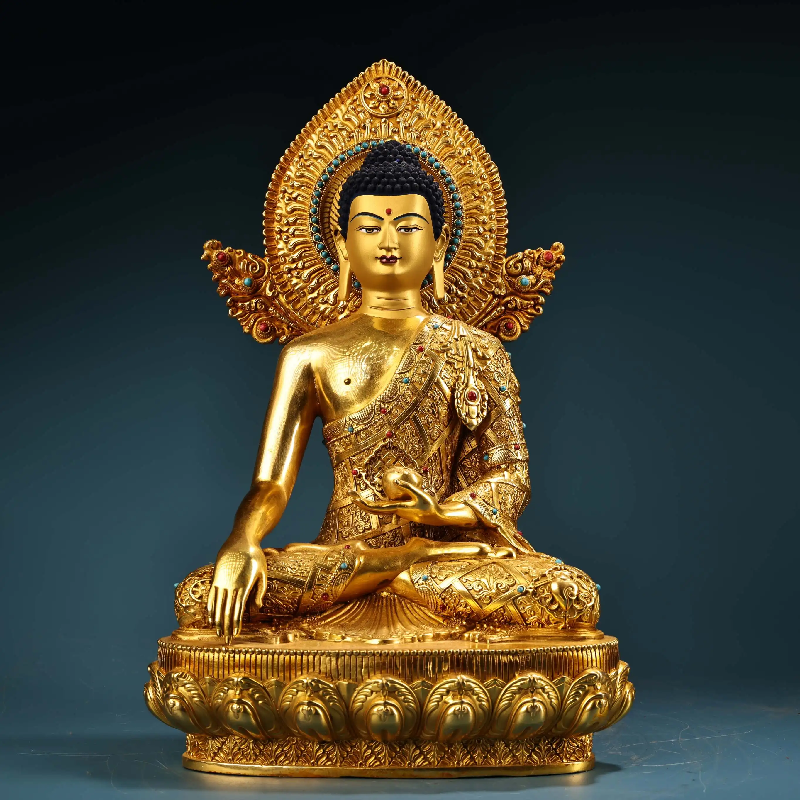 

15"Xizang Folk Collection Old Bronze Gilded Painted Face Mosaic Gem Shakyamuni Amitabha Buddha Lotus Terrace Worship Hall