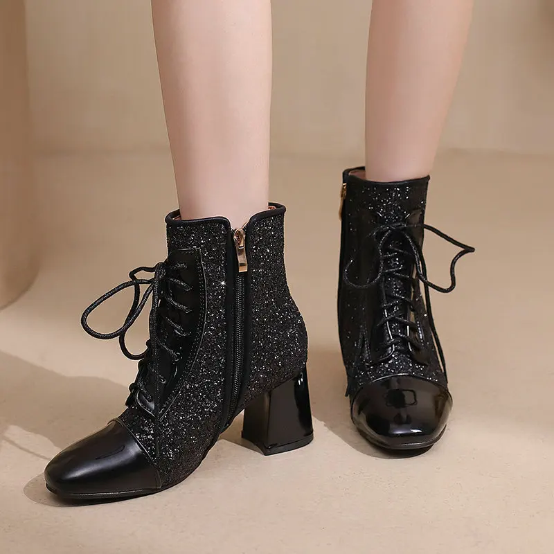 2024 Autumn New Women Chunky High Heels Bling Party Ankle Chelsea Boots Gold Silver Red Black Big Size 34-48