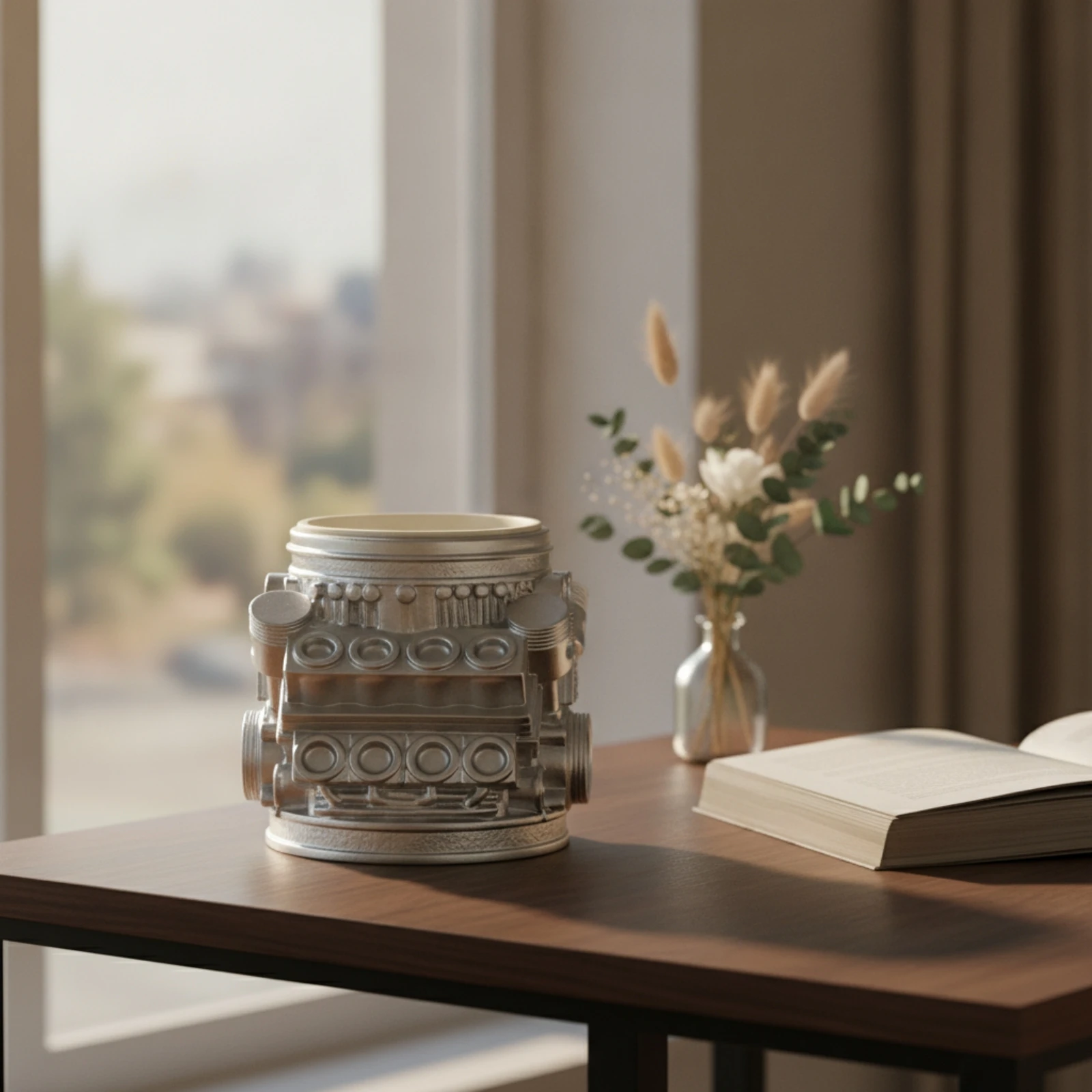Engine Planter Silver-Toned Desktop Planter Mechanical Flowerpot Industrial Plant Pot Silver for Windowsill, Bookshelf