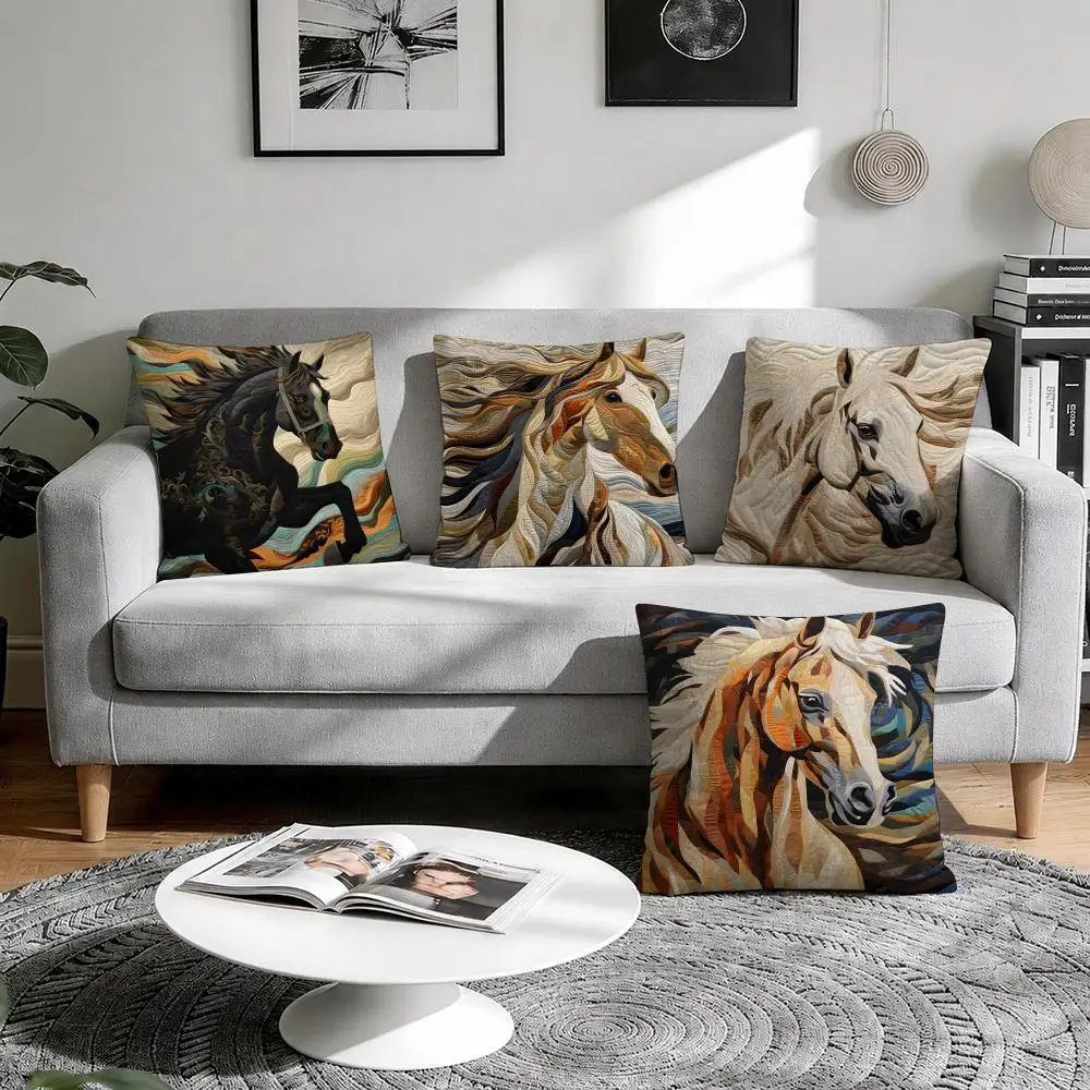 Printing Stylish Horse Cushion Cover Natural Breathable Durable Linen Printed Decor Pillow Case Sofa Bedroom