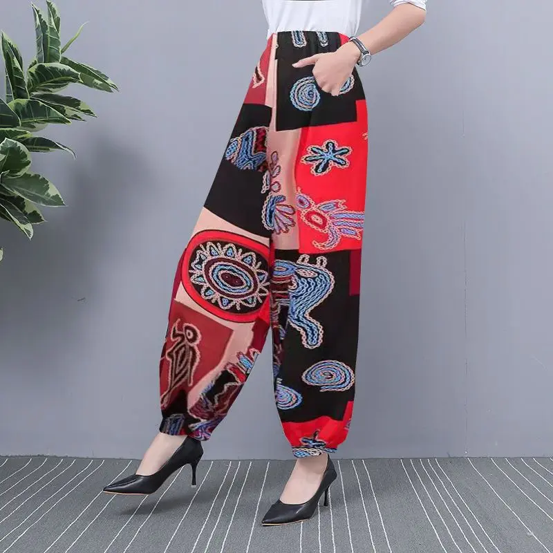 

Vintage Printed Loose All-match Elastic High Waist Pants Women's Clothing 2024 Spring Summer New Loose Office Lady Cropped Pants