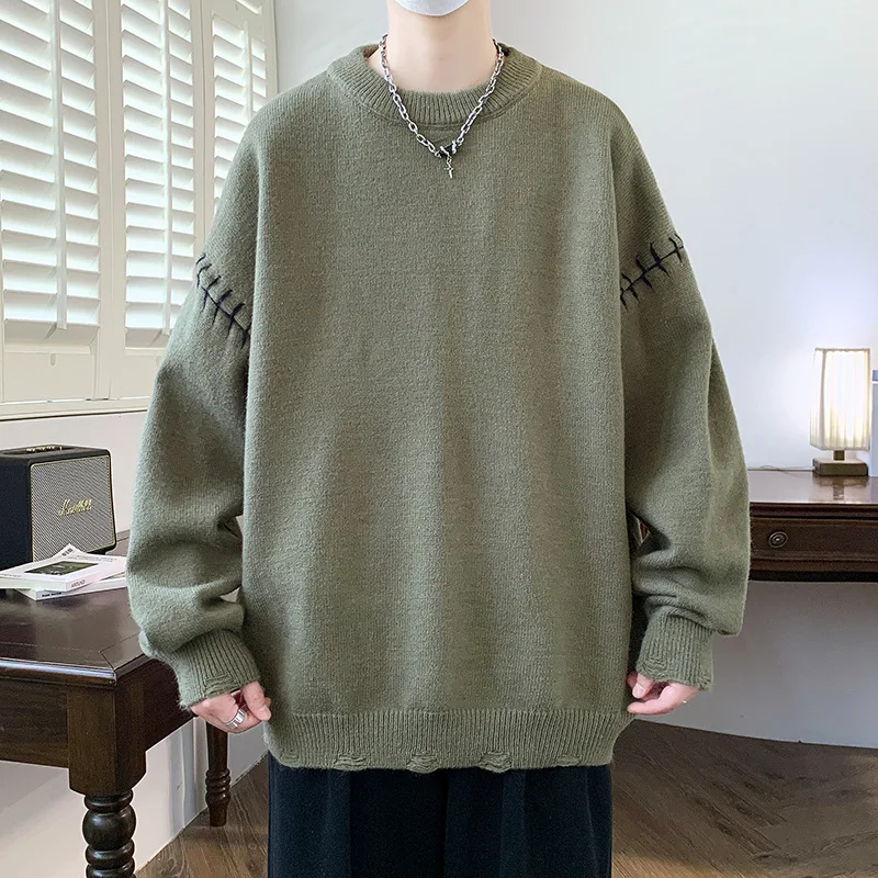 

Острый мужской свитер с лоскутными рукавами, острый однотонный трикотаж унисекс, винтажный повседневный джемпер большого размера для мужчин