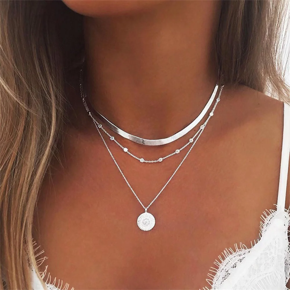 Silver Color Three-Layer Round Necklace Simple Snake Chain Charm Ball Chain Party Gift For Women's Exquisite Jewelry Choker