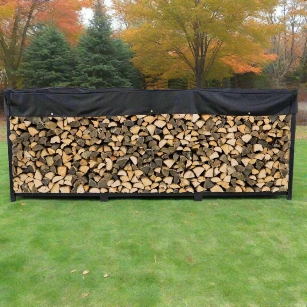 

12 Foot 3/4 Cord Black Outdoor Wood Rack - Optional Cover - Heavy Duty Metal Log Rack - Black Powder Coat Finish