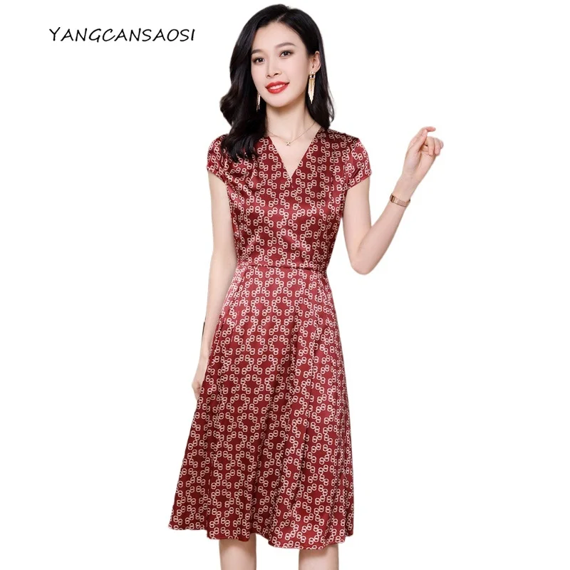 

2025 Women's Fashion New Style 90% Natural Mulberry Silk Summer V-neck Print Big Swing Loose V-neck Short Sleeved Printed Dress