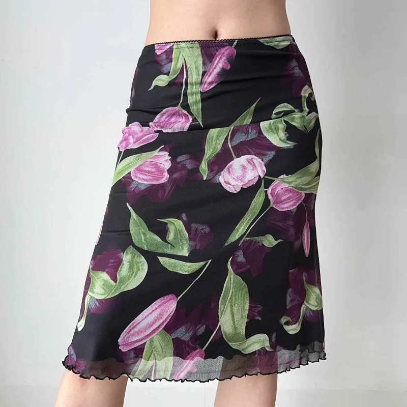 

Женская юбка-миди в западном стиле с цветочной вышивкой, сетчатая, с кружевной отделкой, подчеркивающая талию, А-силуэт, для летнего образа