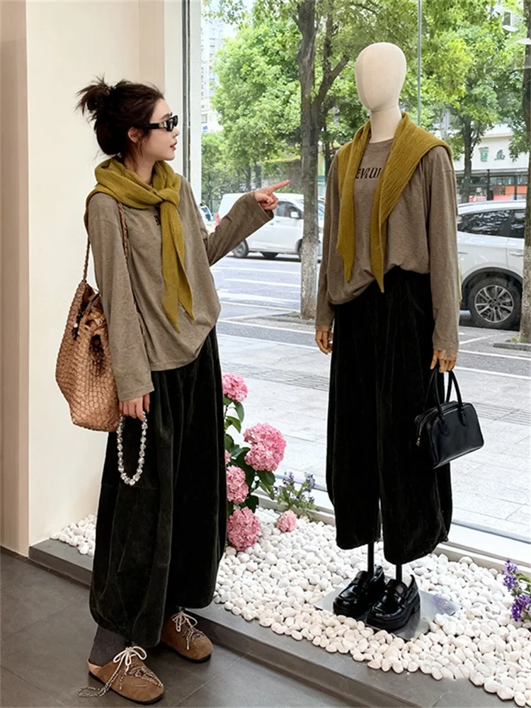 

Ретро-комплект для женщин: свободные брюки с широкими штанинами и высокой талией, модные, стройнящие, повседневные, из двух предметов