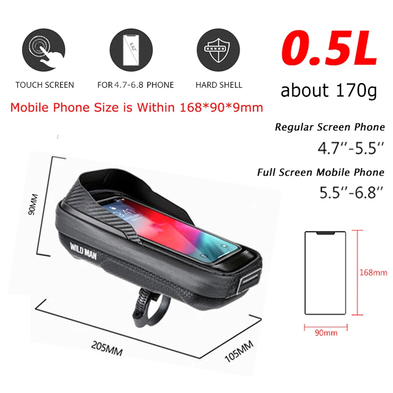 Wild Man Rainproof Bicycle Bag Phone 6.8inch Bike Handlebar Bag TPU Touch Screen Cycling Stem Bag Ride Accessory