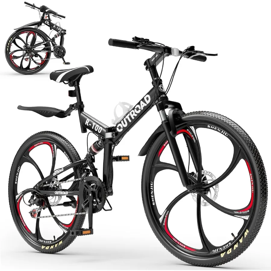 

26 Inch Adult Folding Mountain Bikes with 21 Speeds Full Suspension System Dual Disc Brakes High Carbon Steel Frame Compact Fol