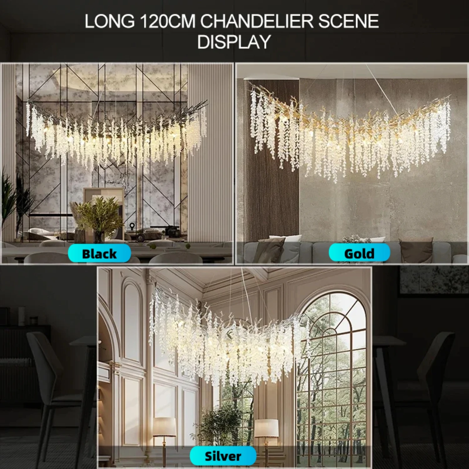 Luxury Crystal Chandelier Lighting Black Gold Silver for Living Room Bedroom Kitchen Dining Table Long Round Branch Pendant Lamp