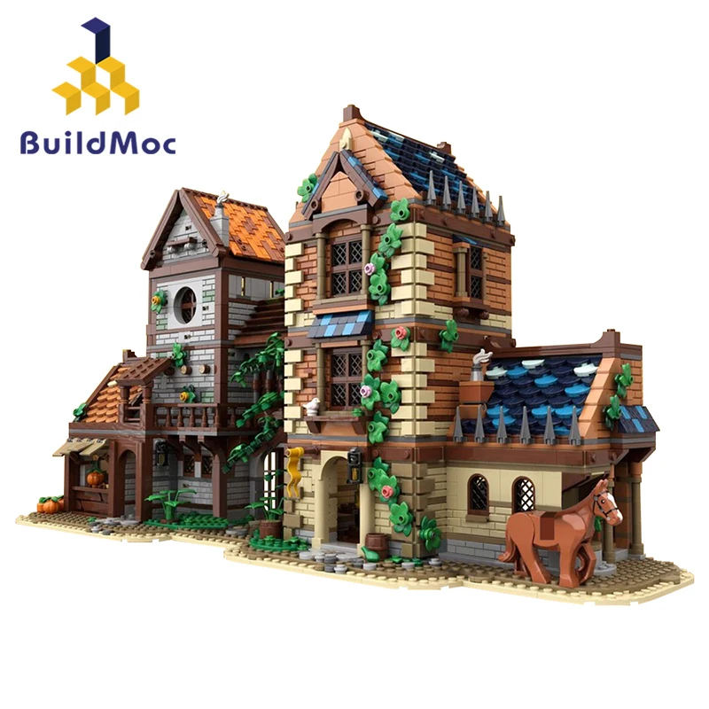 BuildMOC Medieval Castle Blacksmiths Building Block Set Lion Knights' Castle Medieval Street Medieval Town Model Toys