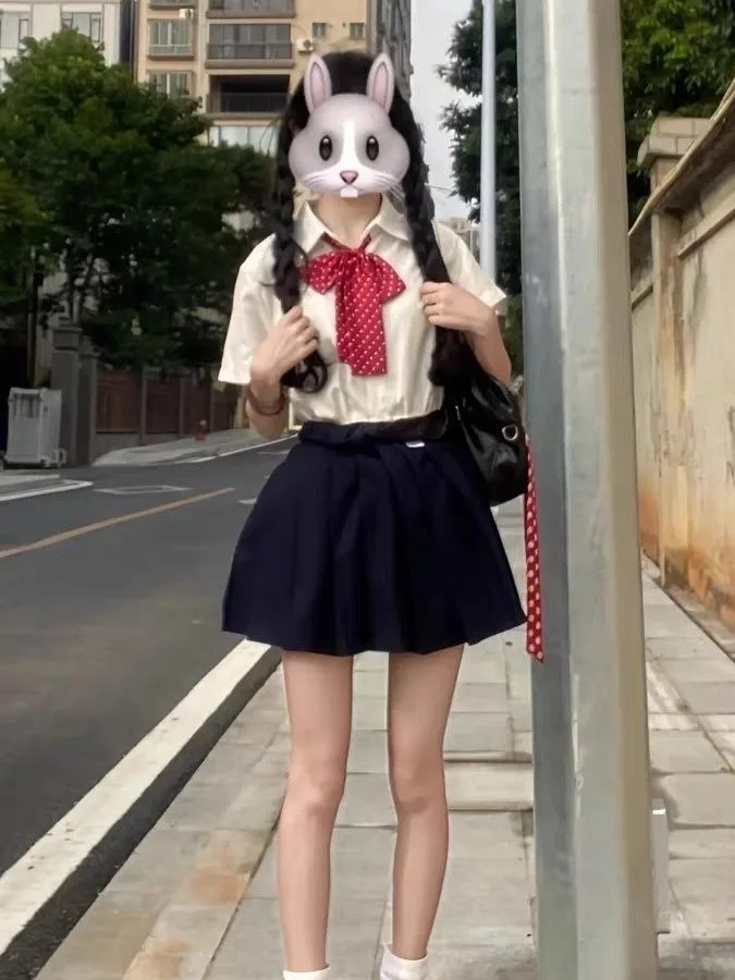 Summer Women's College Style Japanese Original Overlap White Sakura Embroidery Short Sleeve Shirt Pleated Skirt Set JK Uniform