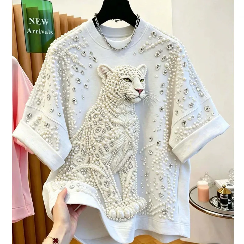 2026 New Summer Elegant White Short Sleeve T-shirt Luxury Diamonds Beading O-neck Pullover Top Female Casual Loose Basic Tees
