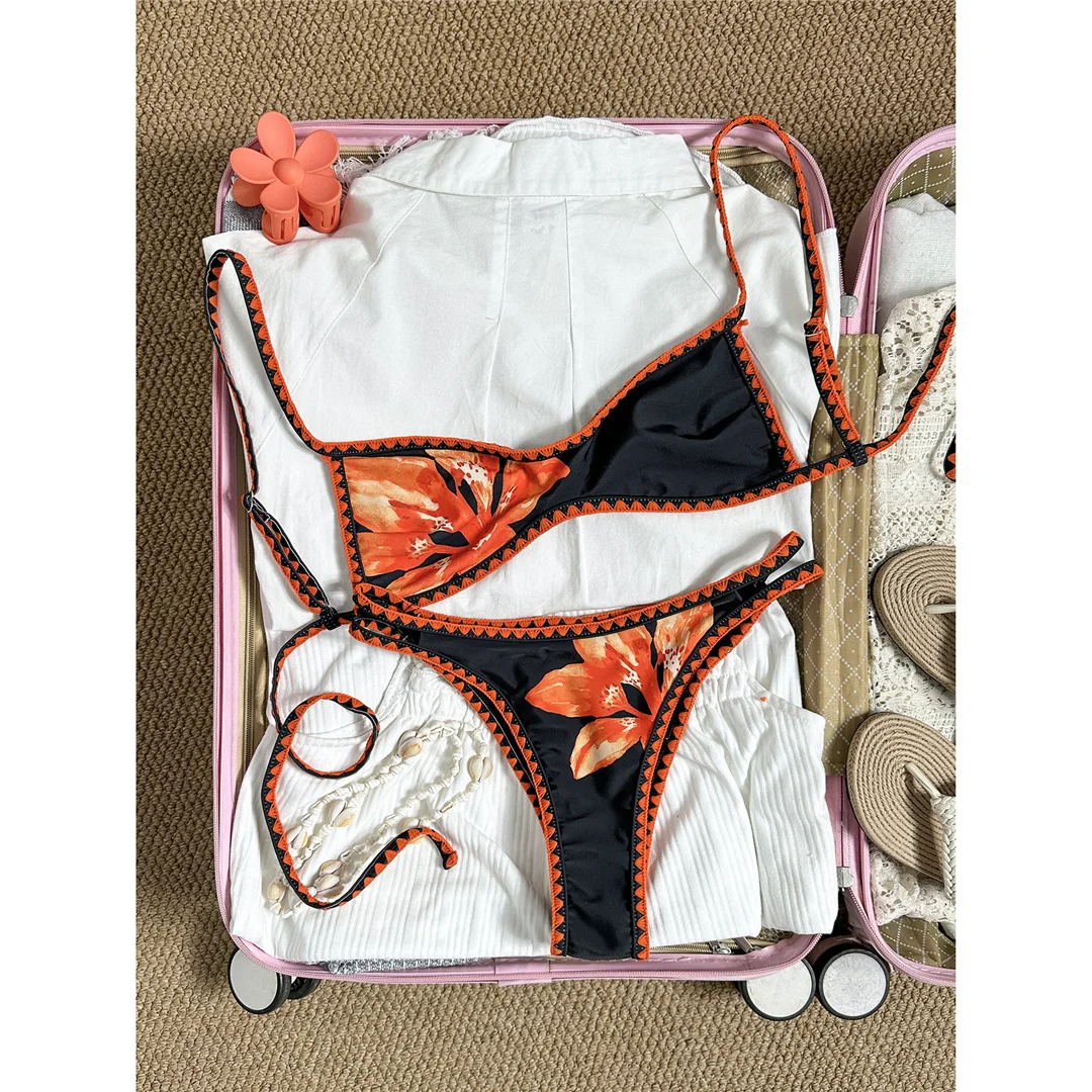 2026 Blumenmuster Bikini Damen Bademode Zweiteiliger Bikini-Set Brasilianischer Badeanzug Badebekleidung V8205 – Detail 9