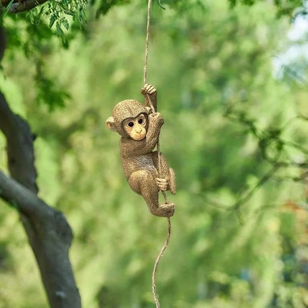 Resin Hanging Monkey Statue Beige Jute Rope Included Garden Monkey Statue Lifelike Design Weather-Resistant Chimpanzee Sculpture