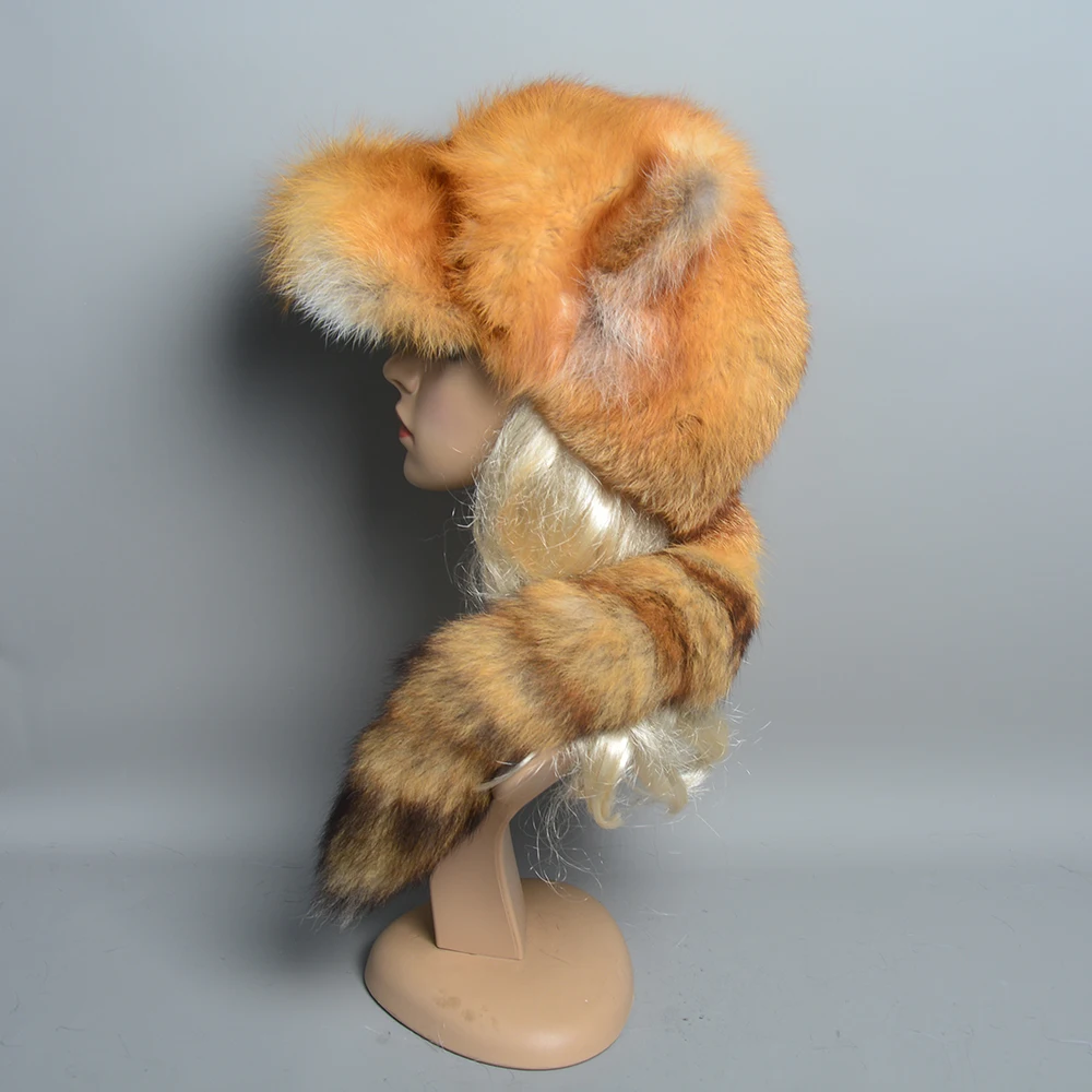 Natural Fox Fur Russian Hat Ushanka Women Winter Warm Fluffy Popular Style Female Tail Cap Fashion Real Fur Hats