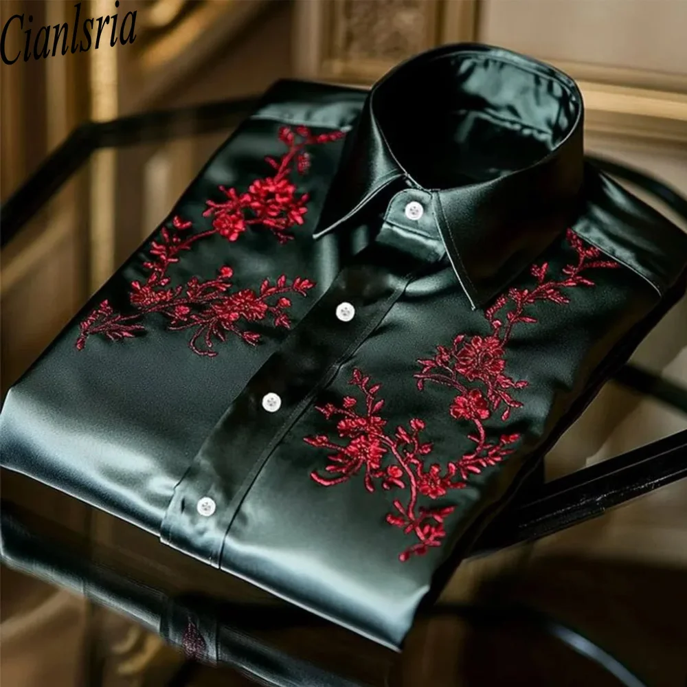Men's Luxury Satin Black Shirt with Red Floral Embroidery Long Sleeve Button Down Slim Fit Casual Party Dress Shirt