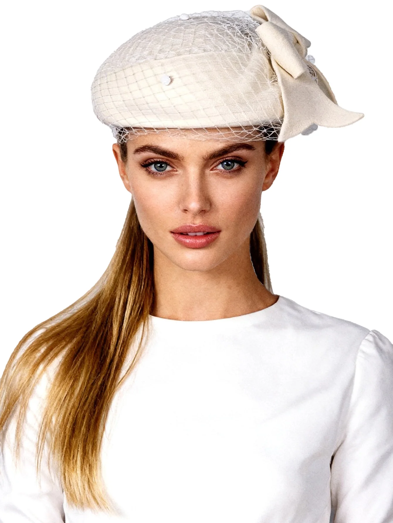 FS 100% Wool Felt Beret Wedding Bride Fascinators Hat With Veil Bowknot Cocktail Tea Party Dress Church MillineryCap Female Hat