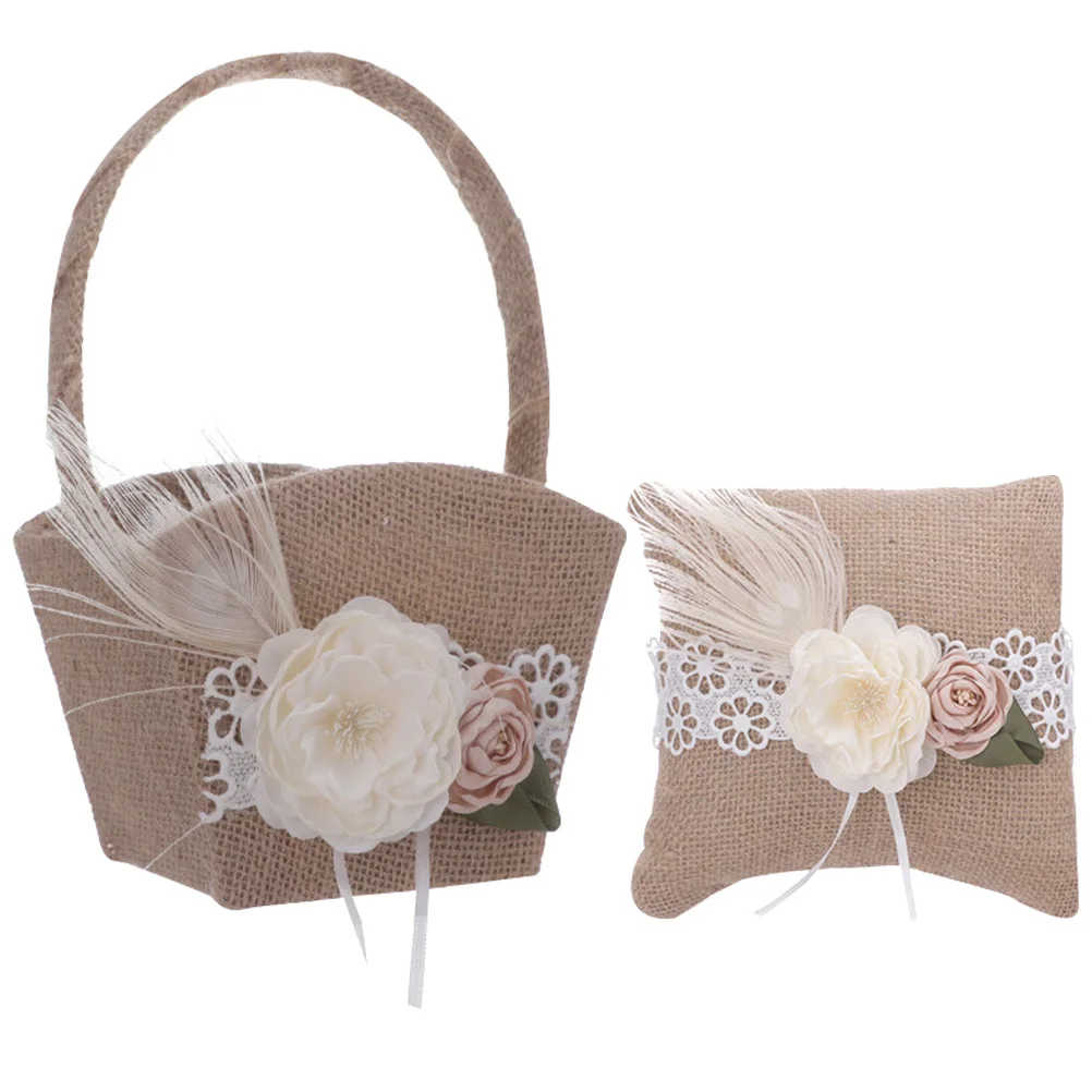 

1Set Wedding Flower Basket Ring Pillow Set Decorative Ring Cushion Flower Girl Basket for Romantic Wedding Ceremony