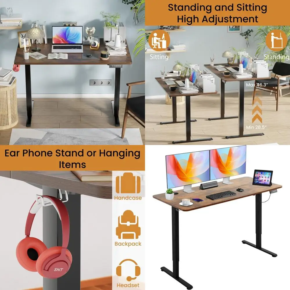 24x55 Ergonomic Sit-Stand Desk, Noiseless Lifting, Headphone Hook, Brown for Home Office