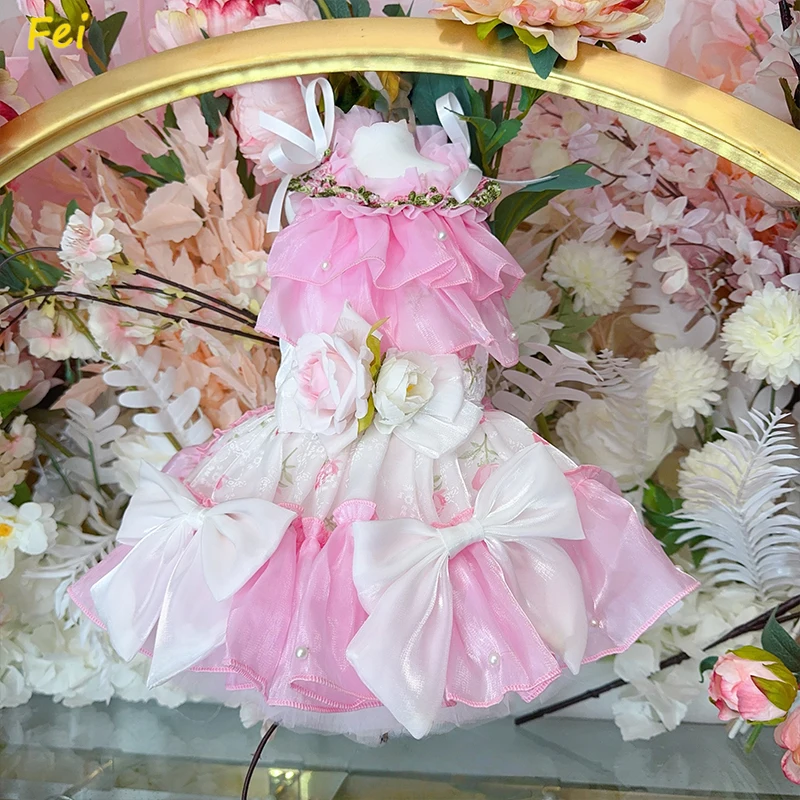 

Adjustable Princess Party Dress for Poodle/Pomeranian Handmade Pink Flower Bow Dog Skirt Photography Outfit for Small Puppy