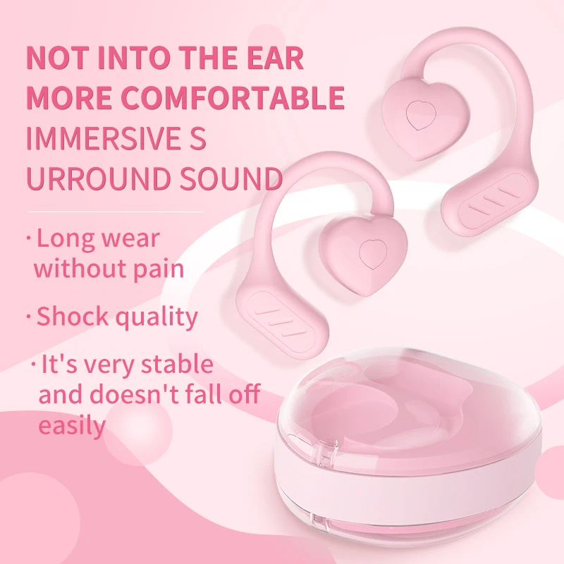Écouteurs Bluetooth sans fil en forme de cœur binaural pour filles, suppression du bruit OWS, écouteurs suspendus ultra-longs en veille, cadeau, nouveau
