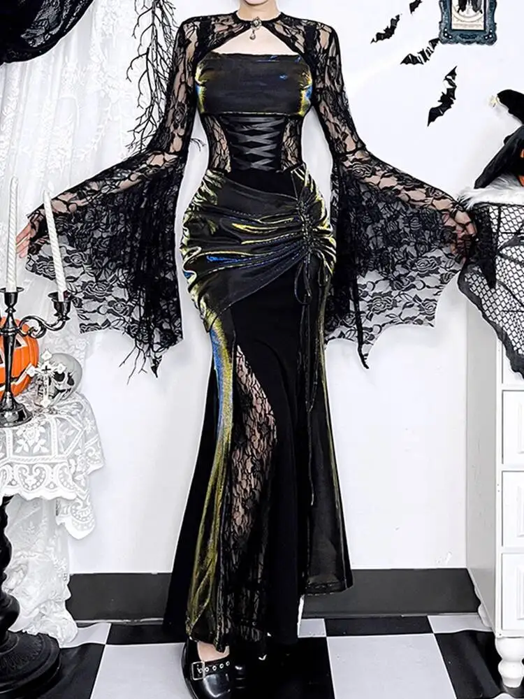 

New Fiesta Carnival Halloween Cos Cosplay Black Gothic Dress Banquet Evening Dress Lace Smock Female Witch Women Fish Tail Skirt