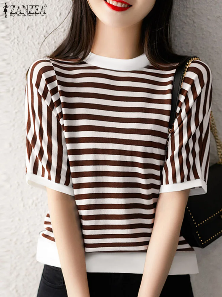 ZANZEA Korean Women Striped Blouse Elegant Office Half Sleeve Tops 2024 Summer Simple Female Tunic Casual Loose Round Neck Shirt