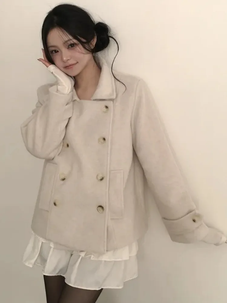 

Women's College Sle Cotton Lined ort Woolen Jaet Double Breasted Winter Coat Warm Fluffy Top for Campus Street Sle