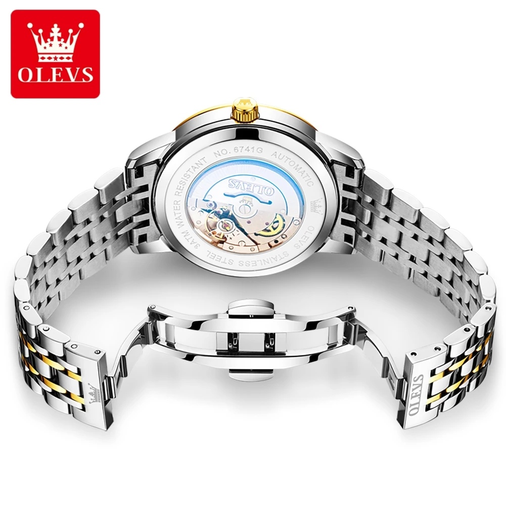 OLEVS 6741 メンズ機械式腕時計 2025年新作 高級自動巻き腕時計 メンズ サファイアクリスタル 防水 ムーンフェイズ腕時計 メンズ