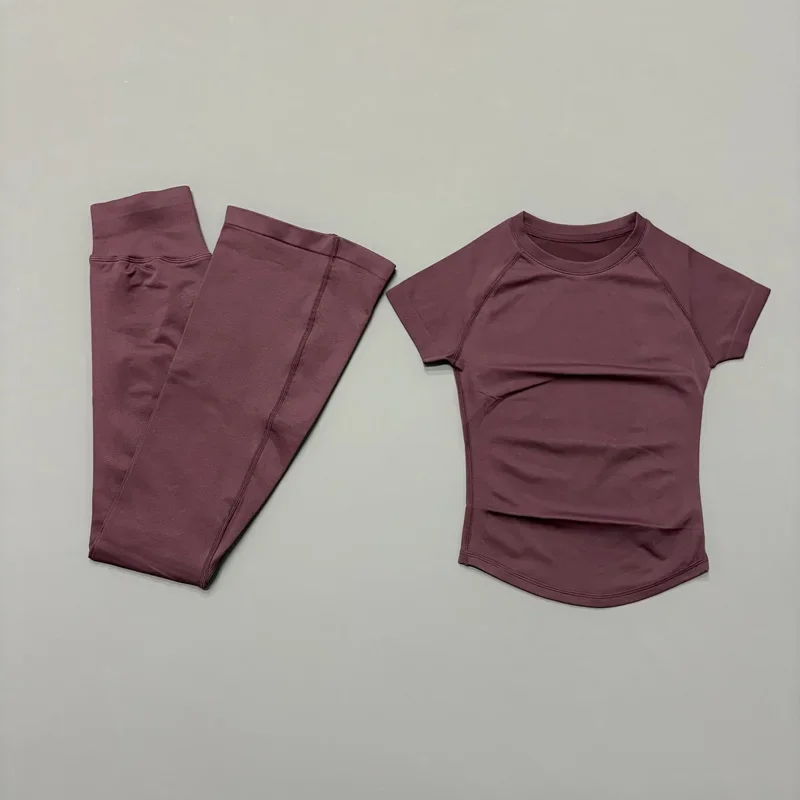 2-teiliges HISTELLO Yoga-Set für Damen, nahtlos, Fitness, kurzärmelig, Top, Gym, Po-Lifting, Flares-Leggings, körperformend, Workout, Sportanzug – Detail 12