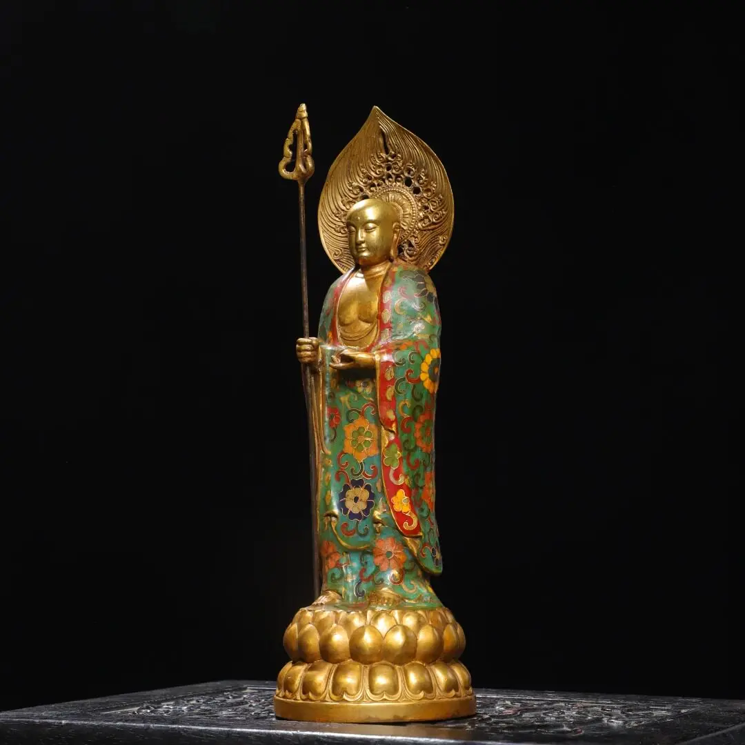 Antique Copper Cloisonne Enamel Ksitigarbha Bodhisattva Statue Serene Face Heavy Patina Fine Craftsmanship Home Decor