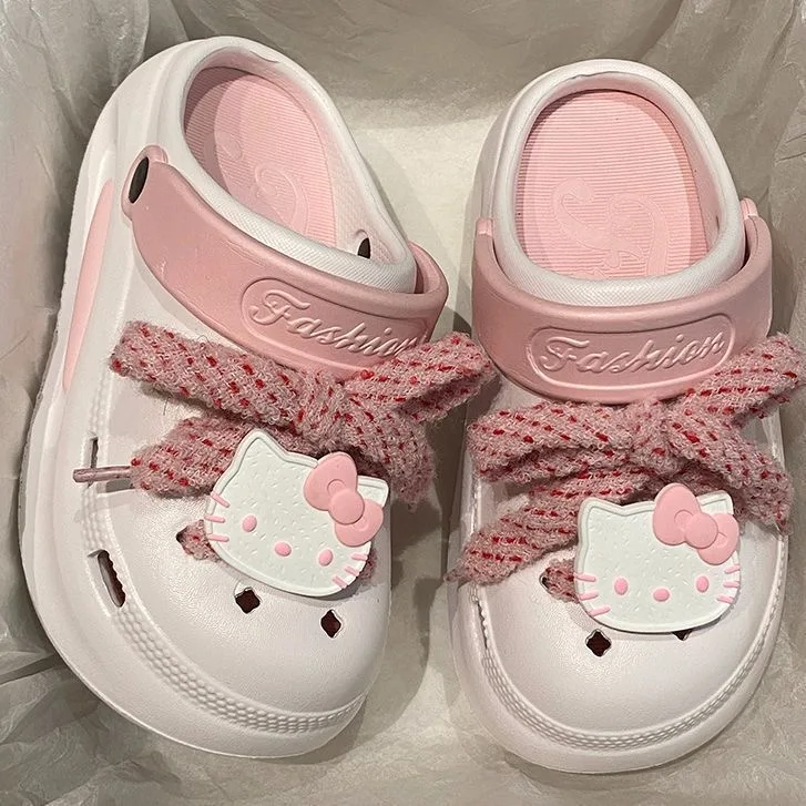 

Thick soled height increasing strap hole shoes for ladies Hello Kitty versatile for outdoor wear hooded slippers indoor slippers