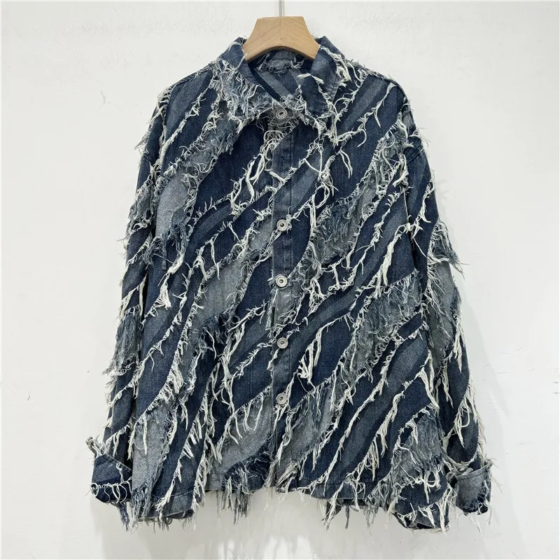 

SuperAen 2025 Autumn New American Retro Streetwear Fashion Loose Fringed Design High Street Denim Jacket for Women Casual Coats