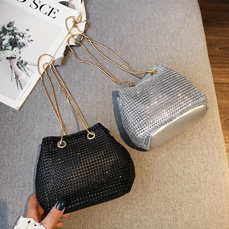 

Rhinestone Studded Shoulder Bucket Bag, Fashion Chain Crossbody Purses, Sparkling Rhinestone Handbag, Trendy Mini Bags, For Chic
