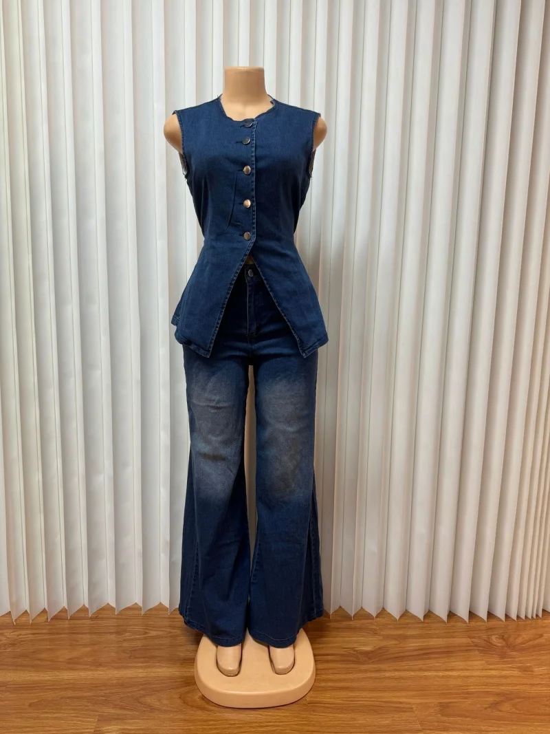 الشارع الشهير الدنيم 2 قطعة مجموعات النساء الزي الصيف ملابس النساء أكمام تانك القمم مستقيم الجينز بانت مجموعات ملابس رياضية غير رسمية