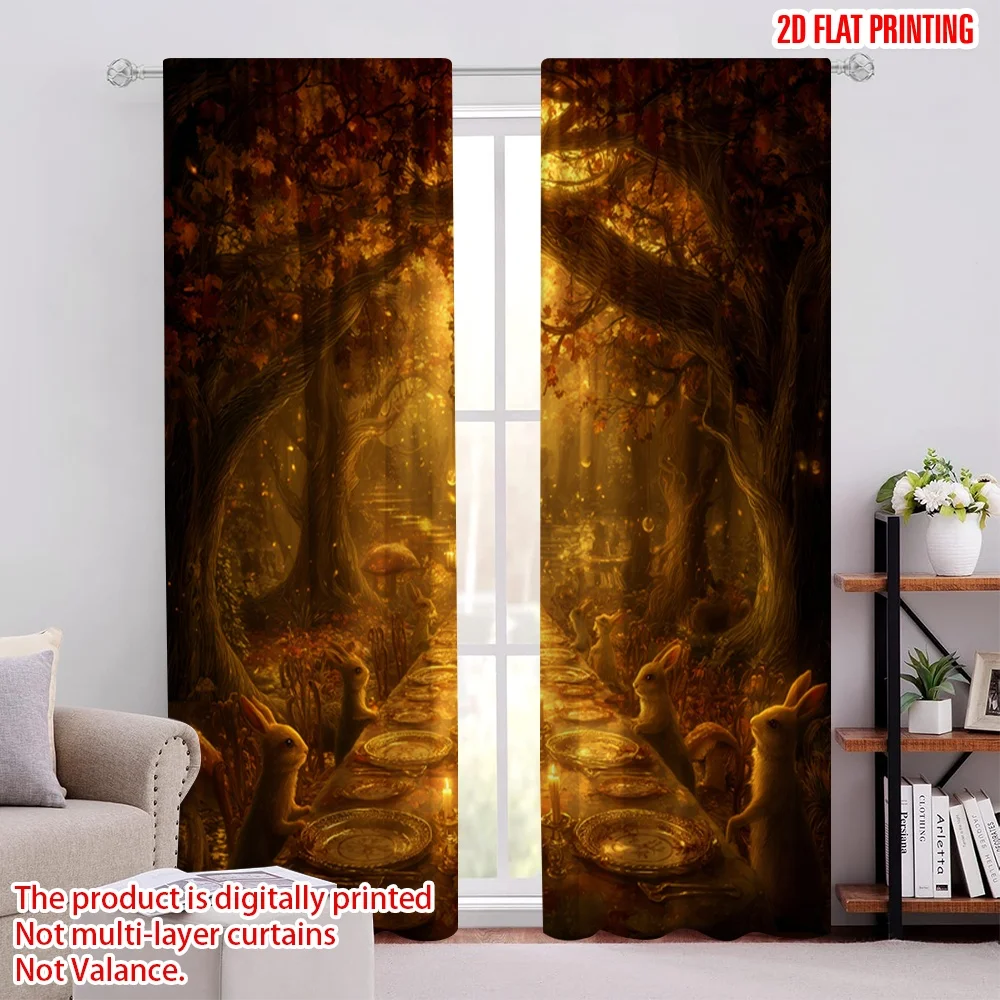 2D flat printing 2pcs Curtain Autumn Forest Table Candles Digital Printed Polyester Drapes Festive Curtains Perfect for Indoor