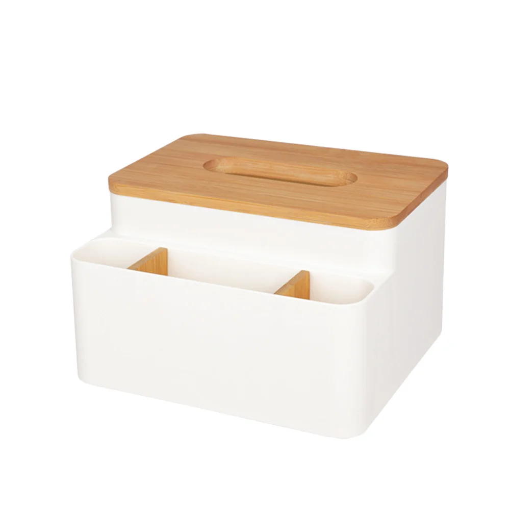 

Plastic Multifunction Tissue Box Desktop Bamboo Cover Organizer White Modern Style 3 Compartments Home Office Clean No Odor