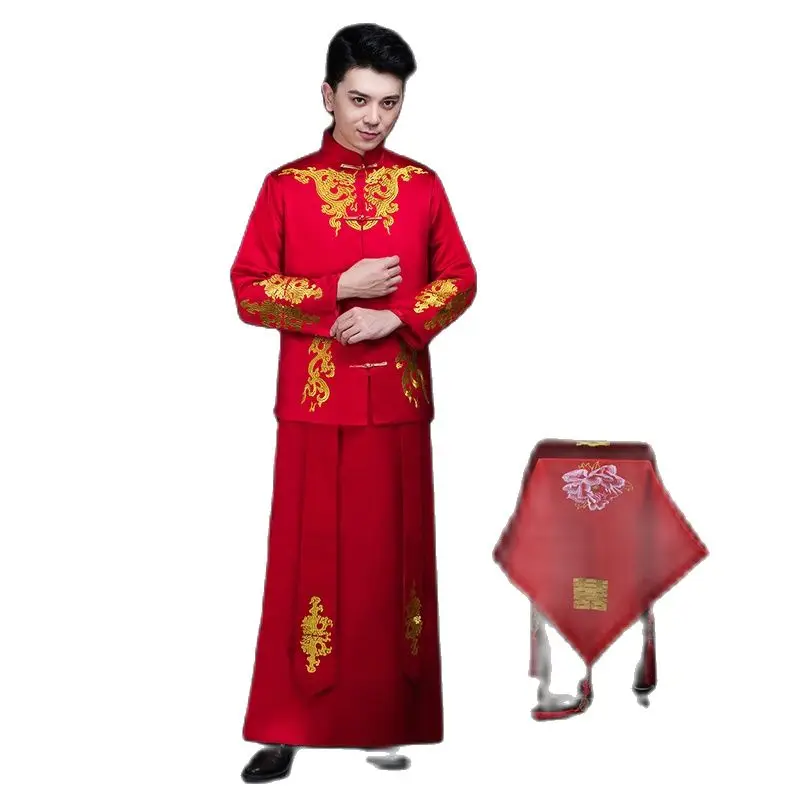 Traditional Red Chinese Wedding Clothing Vintage Groom Cheongsam Male Hanfu Embroidery Oriental Stand Collar Tang Suit Sets