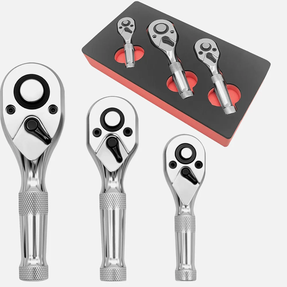

3 PCS Ratchet Handle Set 1/4" 3/8" 1/2" Long Wrench Quick Release Swivel Head