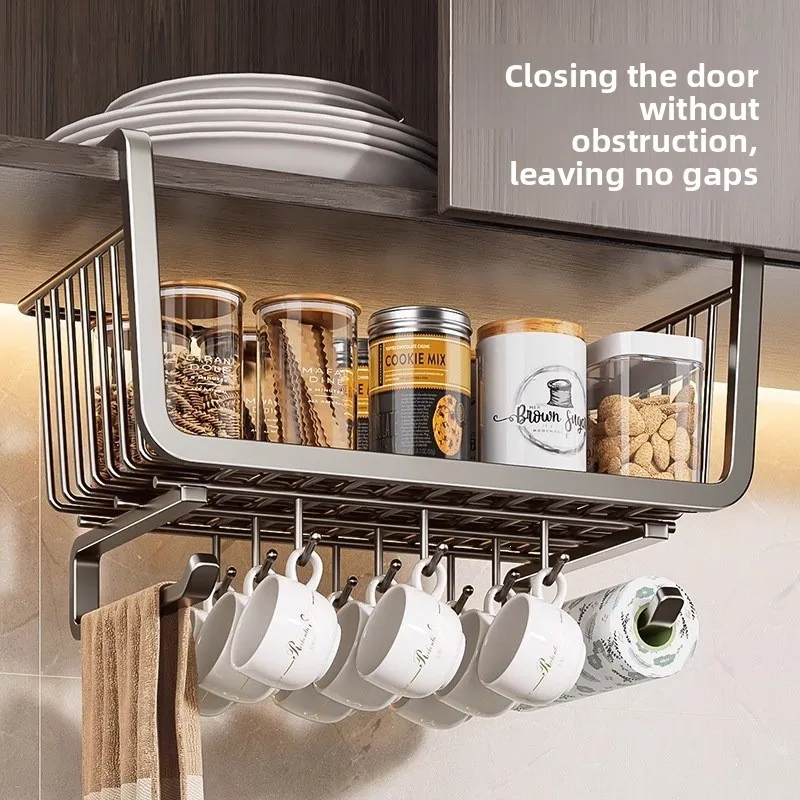 Hanging Stainless Steel Kitchen Cabinet Basket Organizer No-Install Under-Cabinet Storage Optional Hooks Paper Towel Adjustable