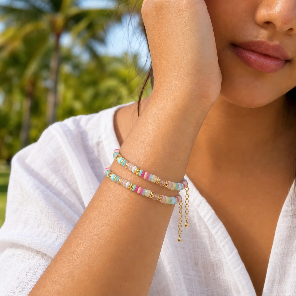 2pcs Women's Bohemian Pastel Round Shell Beaded Strand Bracelet with Copper Lobster Clasp and Adjustable Chain