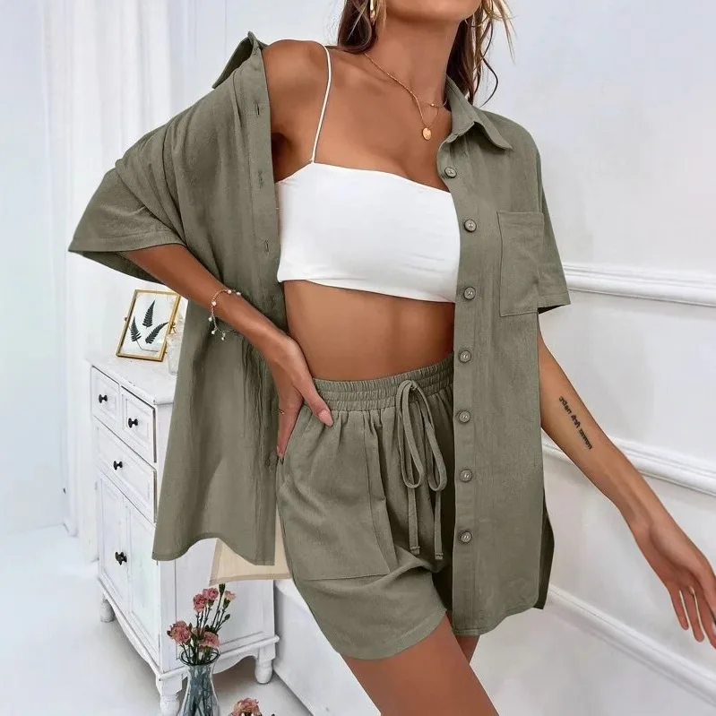 

2026 Spring Summer Vacation Suit Women Lapel Button Single-breasted Cardigan Short-sleeved Shirt Drawstring Shorts Two-piece Set