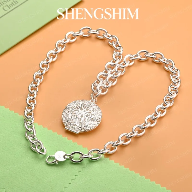 SHENGSHIM 925 Sterling Silver Openwork Round Pendant Necklace For Men Women Girls Fashion Jewelry Hip Hop Party Birthday Gift