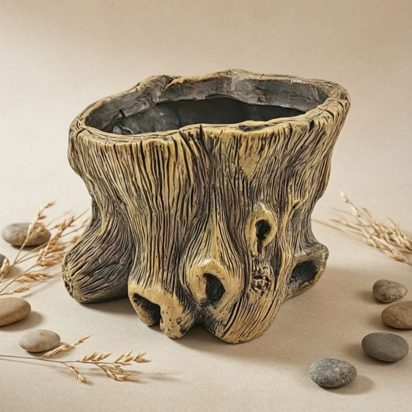 Tree Stump Planter Rustic Stump Planter Log Flowerpot Wood-Grain Succulent Pot Natural-Look for Plant Lovers, Desk, Shelf
