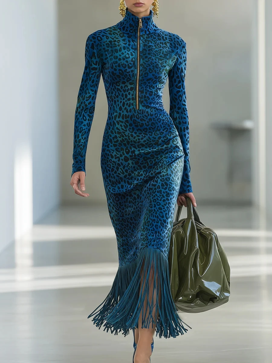 Vintage Damen Leoparden-Midi-Bodycon-Kleid mit hohem Kragen, halbem Reißverschluss, langen Ärmeln, schmalem Fransen-Saum, elegantes Abendkleid für Partys.