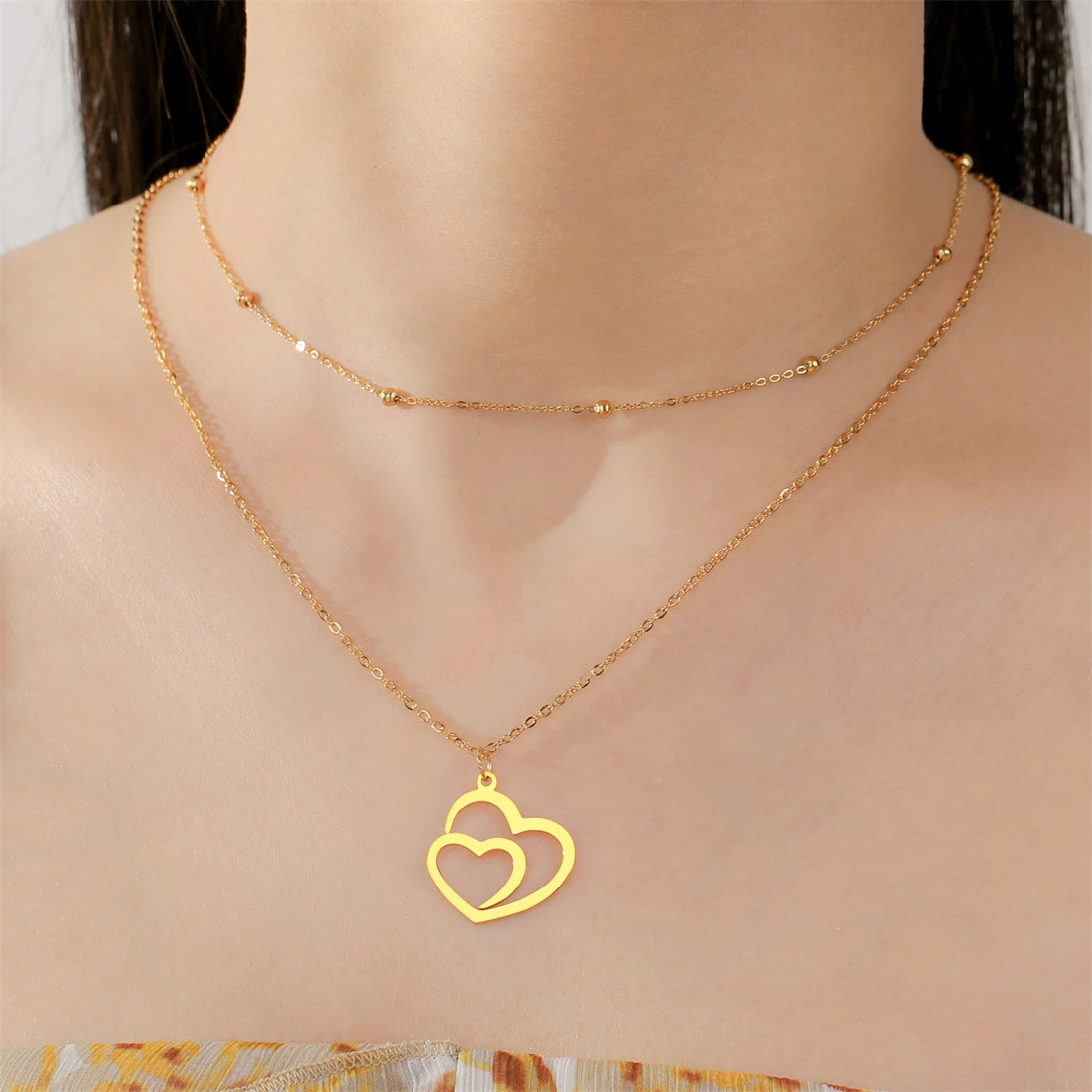 Eueavan Hohl Doppel Herz Halskette Für Frauen Edelstahl Romantische Liebe Symbol Anhänger Kette Engagement Schmuck Geschenk – Detail 17