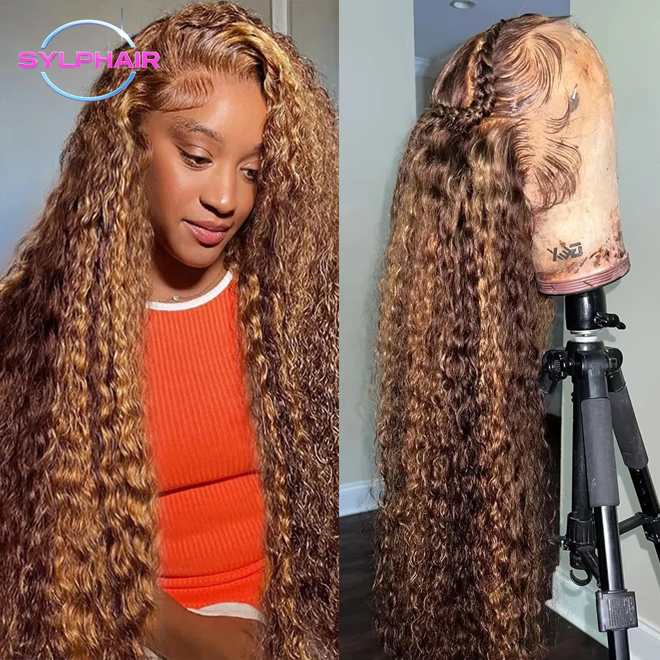 30 Inch Water Wave Highlight Wig 4/27 Ombre Human Hair 13x6 HD Lace Front 200% Density Natural Hairline Pre-Plucked Curly Wigs