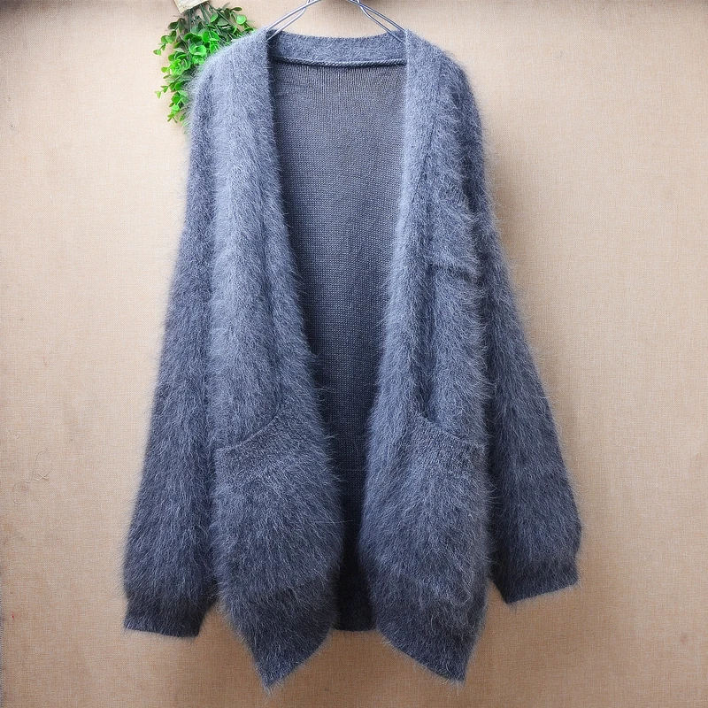 

Female Women Fall Winter Clothing Grey Hairy Plush Mink Cashmere Knitted Long Sleeves Loose Cardigans Mantle Angora Sweater Coat