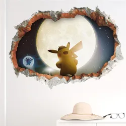 3D Broken Wall Cartoon Pikachu Wall Stickers For Kid's Rooms Kindergarten Living Room Bedroom Wall Decoration Animated Poster